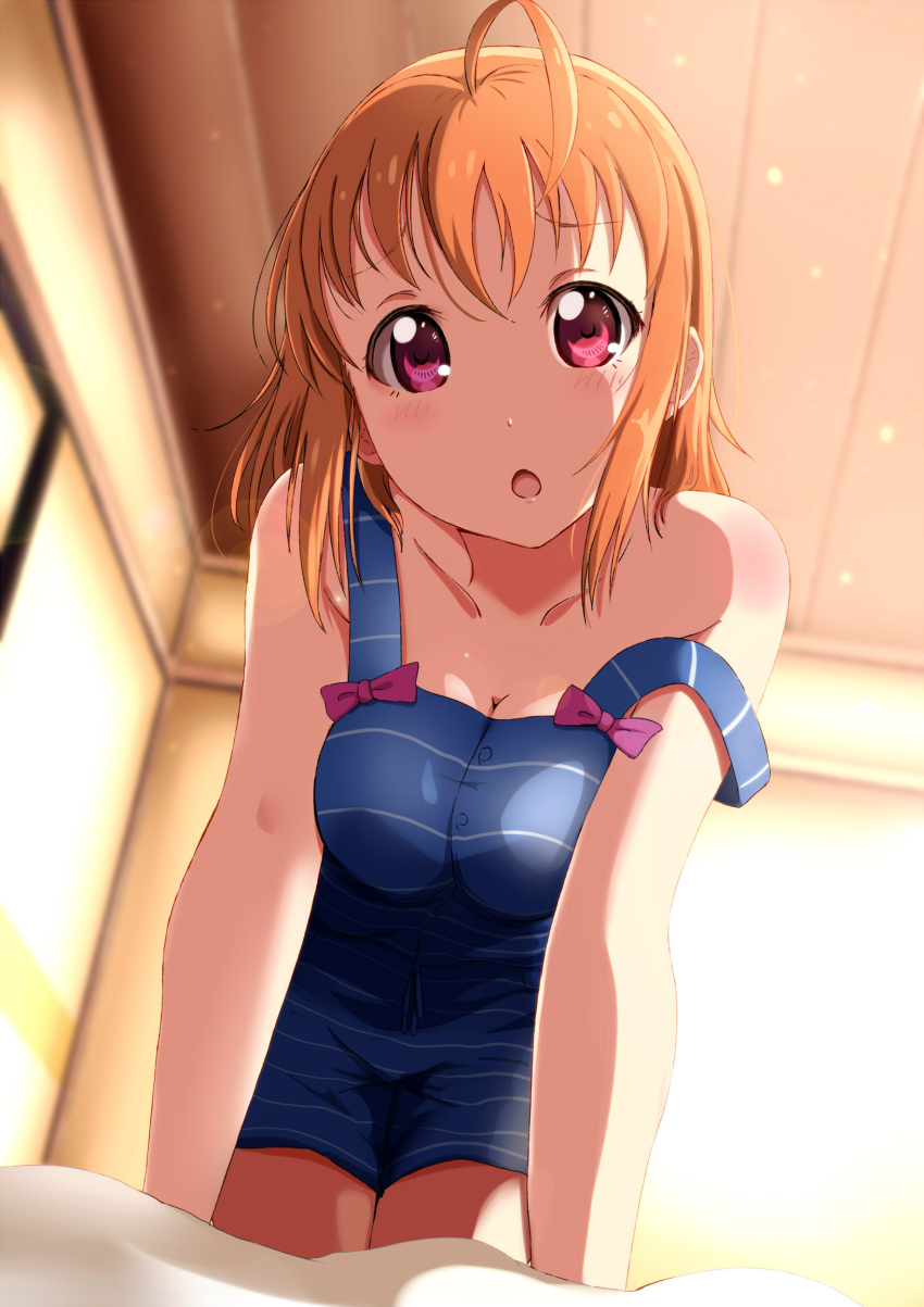 1girl absurdres ahoge all_fours arm_support bare_arms bare_shoulders bed_sheet bedroom blue_ribbon blurry body_blush bow breasts buttons casual cleavage close-up collarbone commentary_request day depth_of_field foreshortening highres indoors lens_flare looking_at_viewer love_live! love_live!_sunshine!! medium_breasts orange_hair pink_bow pink_eyes ribbon shiokazunoko short_hair sleeveless solo strap_slip sunlight takami_chika tareme