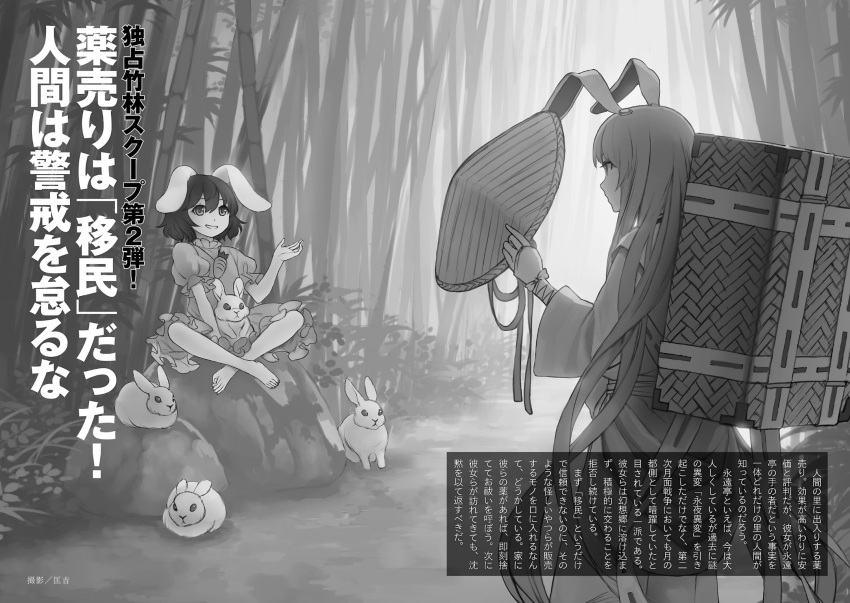 2girls alternative_facts_in_eastern_utopia animal animal_ears arm_ribbon artist_name bamboo bamboo_forest bangs barefoot black_hair carrot carrot_necklace casket dress forest frilled_dress frilled_sleeves frills greyscale hand_up highres inaba_tewi indian_style long_hair long_sleeves looking_at_another masakichi monochrome multiple_girls nature no_legwear outdoors puffy_short_sleeves puffy_sleeves rabbit rabbit_ears reisen_udongein_inaba ribbon short_dress short_sleeves sitting sitting_on_rock smile text touhou translation_request very_long_hair wide_sleeves