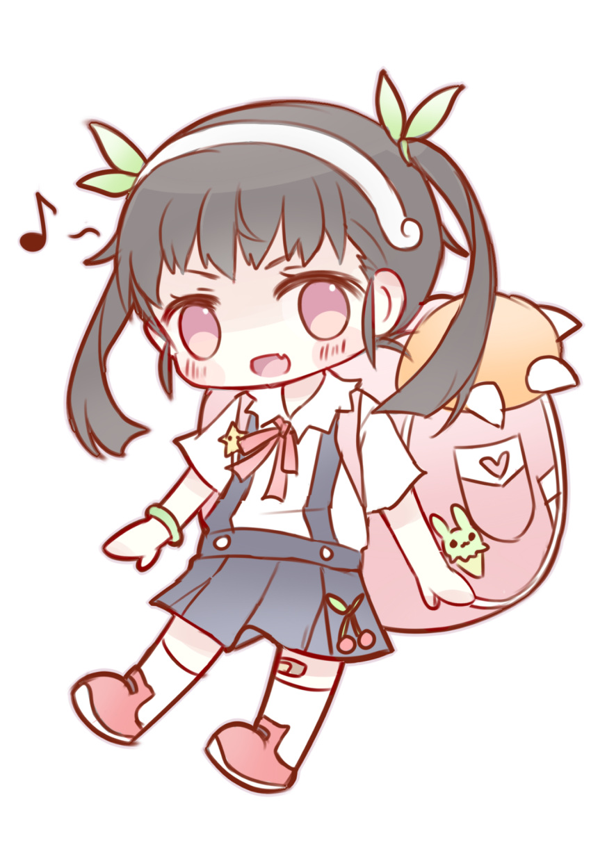 1girl backpack bag bakemonogatari black_hair blue_skirt blush bracelet chibi eyebrows_visible_through_hair fang hachikuji_mayoi headband highres jewelry kvlen looking_at_viewer md5_mismatch medium_hair monogatari_(series) musical_note open_mouth red_ribbon ribbon skirt smile solo twintails