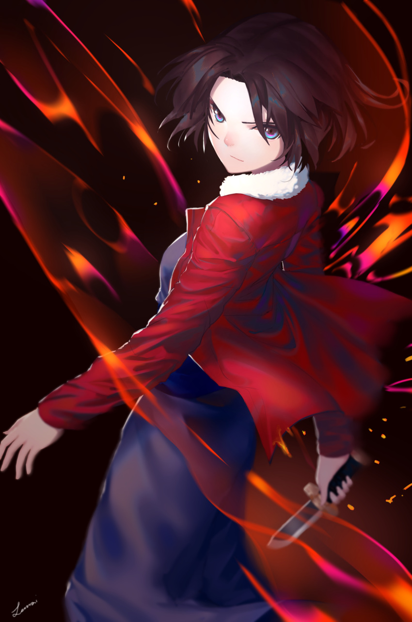 1girl artist_name fate/grand_order fate_(series) fur-trimmed_jacket fur_trim glaring highres jacket japanese_clothes kara_no_kyoukai kimono knife lanzi_(415460661) multicolored multicolored_eyes obi red_jacket ryougi_shiki sash solo type-moon weapon