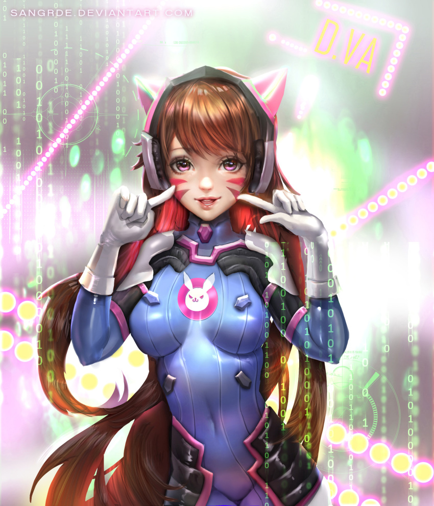 1girl absurdres animal_print bangs blue_bodysuit bodysuit boots bracer breasts breasts_apart brown_eyes brown_hair bunny_print character_name covered_navel cowboy_shot d.va_(overwatch) deviantart_username eyelashes facepaint facial_mark finger_to_face gloves hands_up headphones highres lips lipstick long_hair long_sleeves looking_at_viewer makeup medium_breasts nose open_mouth overwatch pauldrons pilot_suit pink_lips pink_lipstick pointing pointing_at_self revision ribbed_bodysuit sangrde shiny shiny_clothes shoulder_pads skin_tight smile solo teeth tongue turtleneck very_long_hair watermark web_address whisker_markings white_boots white_gloves