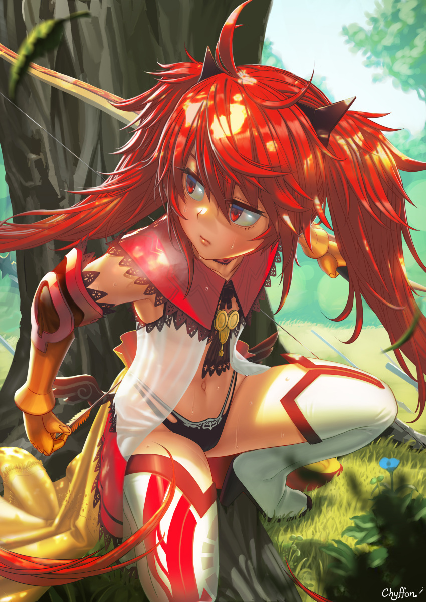 1girl absurdres arrow bow_(weapon) chyffon closed_mouth commentary_request fate/grand_order fate_(series) flat_chest flower hair_ornament highres light long_hair looking_to_the_side navel outdoors quiver red_eyes redhead see-through sita_(fate/grand_order) solo sweat thigh-highs thighs tree twintails weapon white_legwear