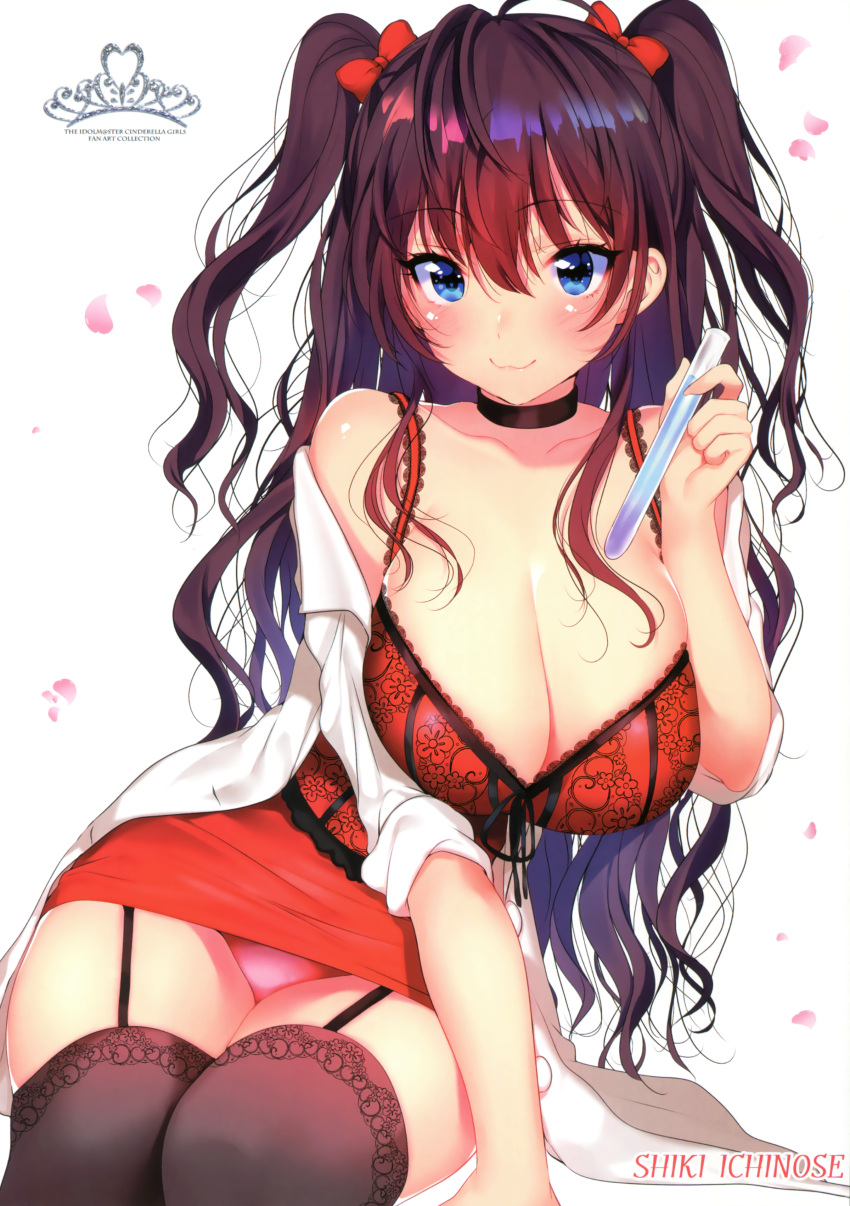 1girl absurdres ahoge arm_support artist_name bangs bare_shoulders black_legwear blue_eyes bow breasts brown_hair cleavage collarbone commentary_request dress eyebrows_visible_through_hair garter_straps hair_between_eyes hair_bow highres holding ichinose_shiki idolmaster idolmaster_cinderella_girls large_breasts leaning_to_the_side long_hair long_sleeves looking_at_viewer matarou_(genkai_toppa) multiple_views off_shoulder open_clothes open_shirt panties pantyshot pantyshot_(sitting) pink_panties red_bow red_dress scan shirt sitting sleeveless sleeveless_dress sleeves_past_elbows sleeves_pushed_up test_tube thigh-highs two_side_up underwear very_long_hair wavy_hair white_shirt