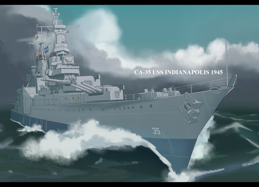 antennae blue_sky cannon clouds cruiser day flag letterboxed military military_vehicle no_humans number ocean original outdoors ship shiro_yukimichi signal_flag sky splashing turret us_navy uss_indianapolis_(ca-35) warship water watercraft world_of_warships