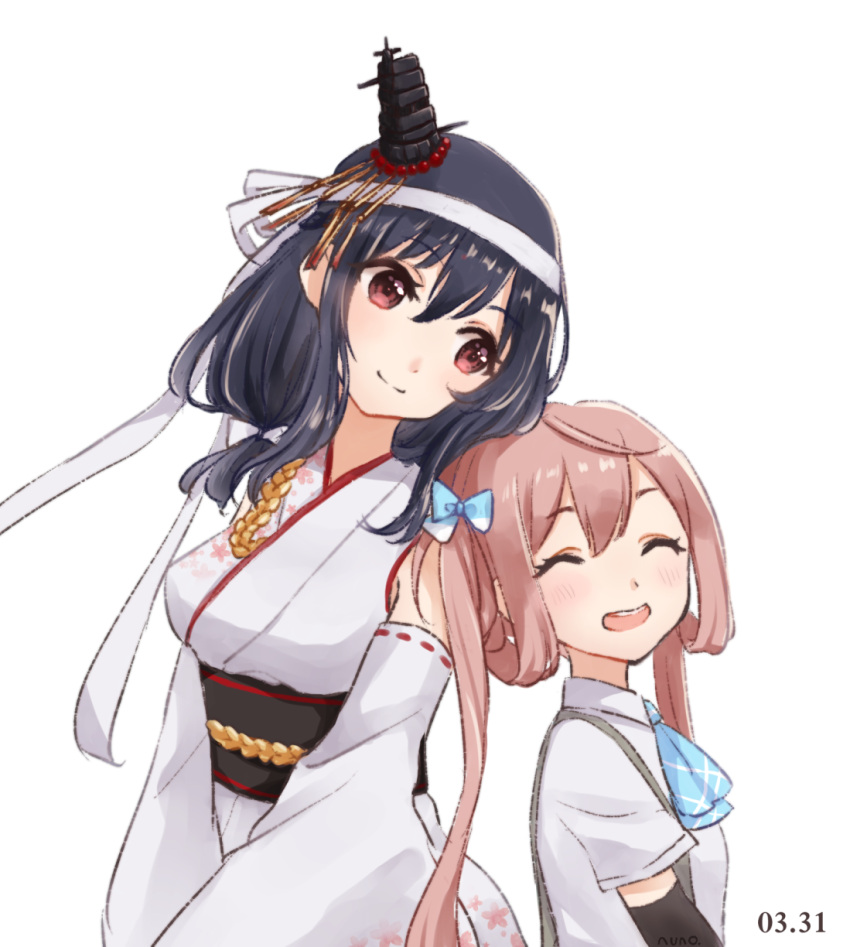 2girls ^_^ ^o^ arm_warmers artist_name asagumo_(kantai_collection) ascot bare_shoulders black_hair brown_hair closed_eyes dated detached_sleeves floral_print hair_ornament highres japanese_clothes kantai_collection long_hair multiple_girls nontraditional_miko nuno_(pppompon) obi red_eyes remodel_(kantai_collection) sash shirt short_sleeves simple_background smile suspenders teeth twintails white_background white_shirt yamashiro_(kantai_collection)