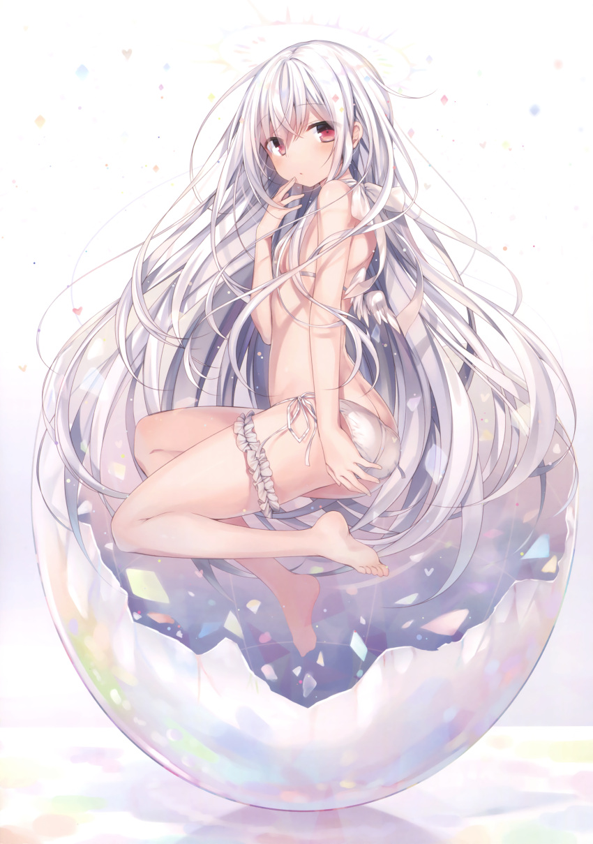 1girl absurdres albino angel angel_wings ass bangs barefoot bikini blush breasts butt_crack commentary_request eggshell eyebrows_visible_through_hair feathered_wings finger_to_cheek floating floating_hair frills from_side full_body hair_between_eyes halo halter_top halterneck hand_up heart highres knees_up komeshiro_kasu legs long_hair looking_at_viewer mini_wings original red_eyes revision scan side-tie_bikini silver_hair small_breasts soles solo swimsuit thigh_strap thighs very_long_hair white white_bikini wings