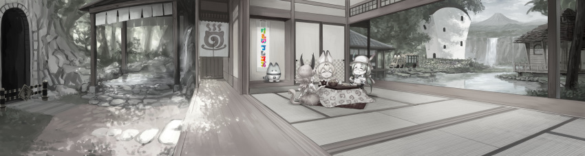 3girls :d absurdres animal_ears architecture bucket_hat caracal_(kemono_friends) character_request closed_eyes copyright_name east_asian_architecture eating hat hat_feather highres japari_bus japari_symbol kemono_friends kotatsu lucky_beast_(kemono_friends) mirai_(kemono_friends) mountain multiple_girls murakami_hisashi muted_color onsen open_mouth serval_(kemono_friends) serval_ears sitting sliding_doors smile table tatami tunnel water waterfall wooden_floor