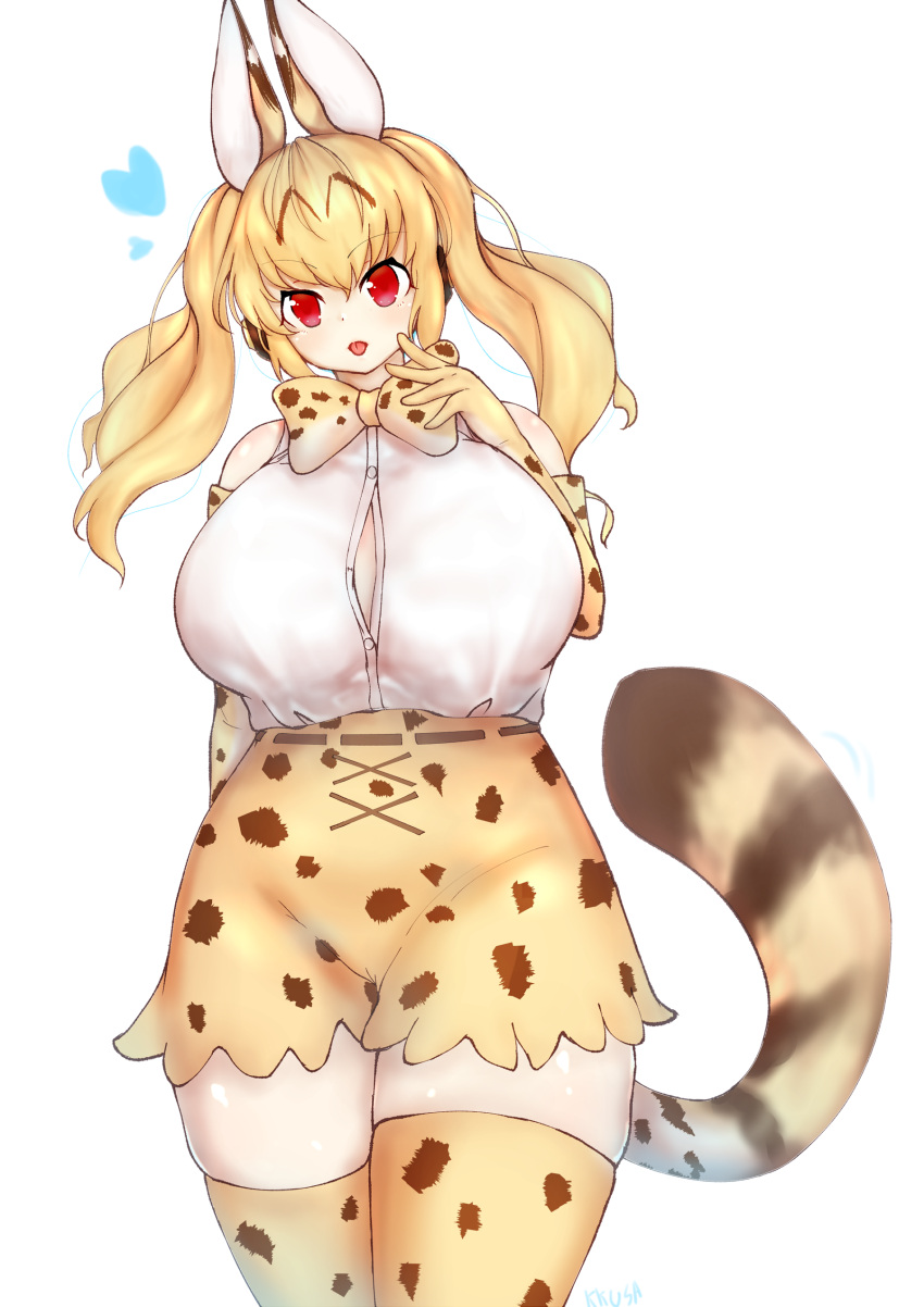 1girl :p absurdres animal_ears blonde_hair blush bow bowtie breasts cosplay elbow_gloves gloves head_tilt headphones highres huge_breasts kemono_friends kkusa looking_at_viewer nitroplus plump red_eyes serval_(kemono_friends) serval_(kemono_friends)_(cosplay) serval_ears serval_print serval_tail skirt sleeveless solo sticking_out_the_tongue super_pochaco tail thighs tongue tongue_out twintails