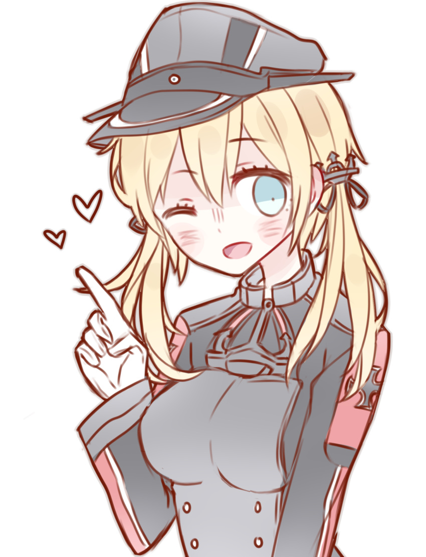 1girl blonde_hair blue_eyes blush breasts eyebrows_visible_through_hair gloves grey_hat hat highres index_finger_raised kantai_collection kvlen large_breasts long_sleeves looking_at_viewer medium_hair one_eye_closed open_mouth prinz_eugen_(kantai_collection) smile solo white_gloves