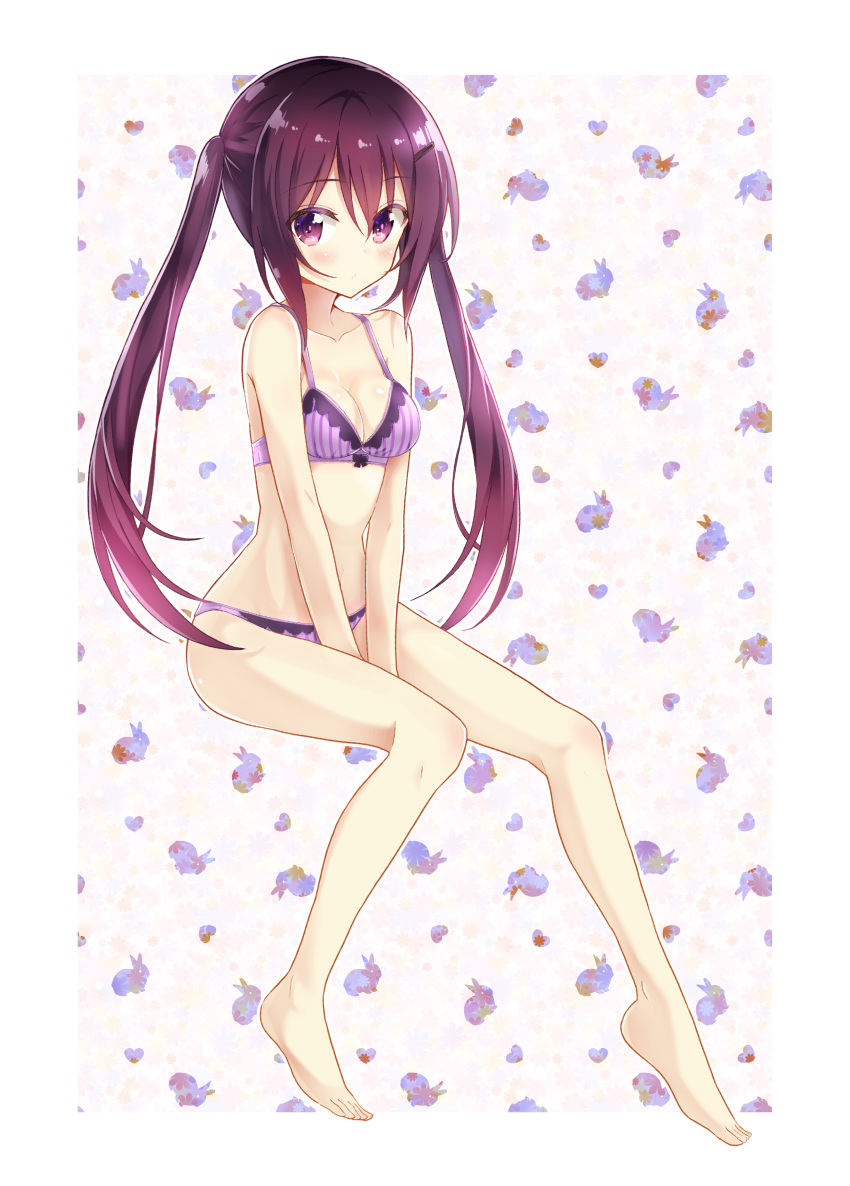 1girl :/ absurdres barefoot between_legs blush bow bow_bra bra breasts bunny_background cleavage closed_mouth collarbone eyebrows_visible_through_hair from_side full_body gochuumon_wa_usagi_desu_ka? hair_between_eyes hair_ornament hairclip hand_between_legs highres long_hair looking_at_viewer medium_breasts nanakusa_(user_rnpt7322) navel panties purple_bra purple_hair purple_panties sitting solo striped striped_bra striped_panties tedeza_rize twintails underwear underwear_only very_long_hair violet_eyes