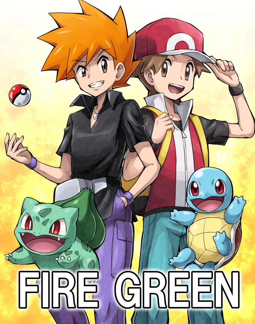 2boys adjusting_clothes adjusting_hat baseball_cap brown_eyes brown_hair bulbasaur cover cover_page hand_in_pocket hat highres jewelry male_focus multiple_boys necklace official_style ookido_green ookido_green_(frlg) orange_eyes orange_hair poke_ball pokemoa pokemon pokemon_(creature) pokemon_(game) pokemon_frlg red_(pokemon) red_(pokemon)_(remake) smile spiky_hair squirtle tossing wristband