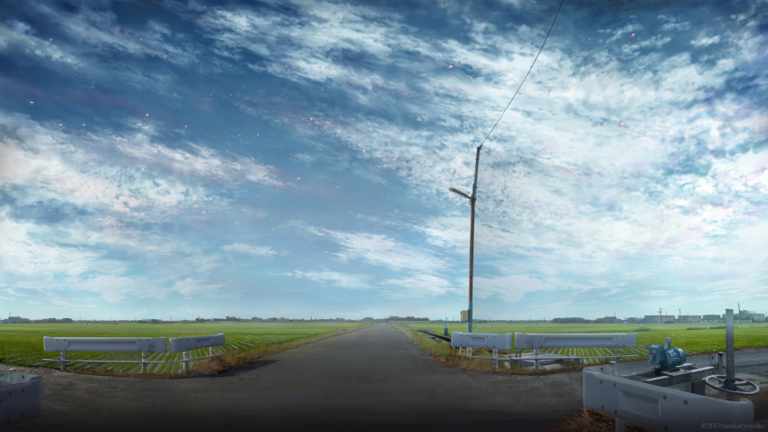 building city clouds commentary field highres light_particles no_humans original power_lines railing rice_paddy road rural scenery sky street tanaka_ryosuke telephone_pole