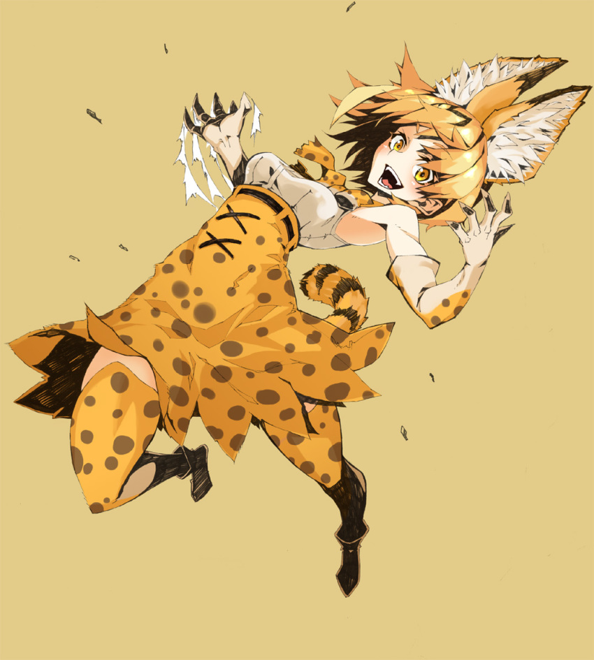 1girl animal_ears armpits bare_shoulders bow bowtie claws elbow_gloves eyelashes fur gloves highres kemono_friends looking_at_viewer medium_hair nayutarou_(nyt_kag) open_mouth serval_(kemono_friends) serval_ears serval_print serval_tail simple_background tail thigh-highs yellow_eyes