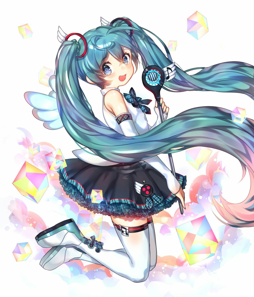1girl aqua_hair blue_eyes boots elbow_gloves fingerless_gloves from_side full_body gamathx gloves hatsune_miku highres long_hair looking_at_viewer magical_mirai_(vocaloid) nail_polish open_mouth solo thigh-highs thigh_boots twintails very_long_hair vocaloid white_gloves white_legwear wings