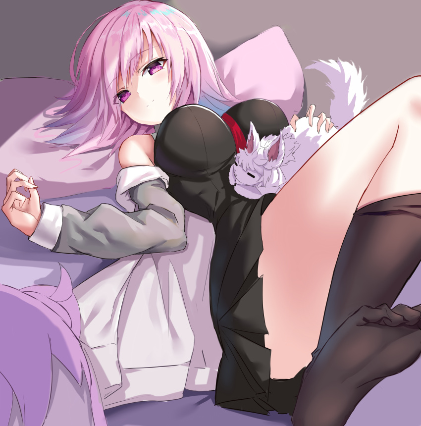 1girl absurdres black_legwear blush breasts c3yooooo creature fate/grand_order fate_(series) feet fou_(fate/grand_order) hair_over_one_eye highres large_breasts light_smile looking_at_viewer necktie no_shoes pantyhose pantyhose_pull purple_hair shielder_(fate/grand_order) short_hair sketch soles toes violet_eyes
