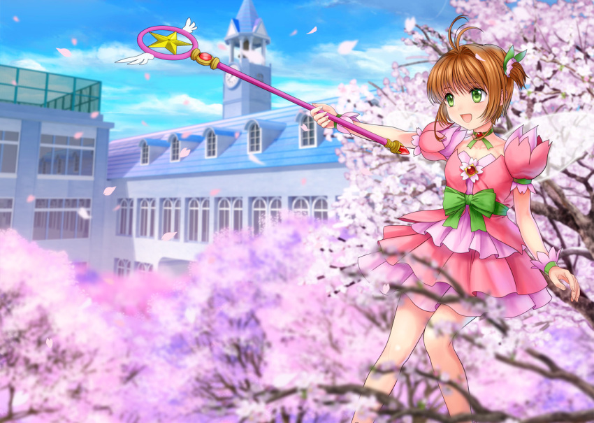 1girl antenna_hair brown_hair card_captor_sakura cherry_blossoms choker day dress fairy_wings green_eyes hoshi_no_tsue kinomoto_sakura magical_girl mutsuki_(moonknives) object_namesake petals short_hair solo wings wrist_cuffs