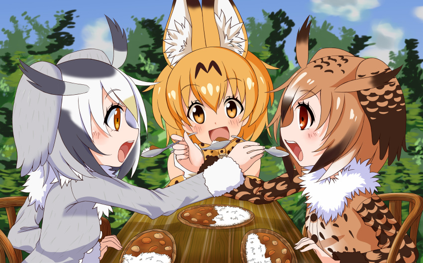 3girls animal_ears blush chair commentary_request curry eating eurasian_eagle_owl_(kemono_friends) feeding food head_wings highres kemono_friends multiple_girls nature northern_white-faced_owl_(kemono_friends) open_mouth outdoors plate rice serval_(kemono_friends) serval_ears short_hair sitting sky smile spoon table tree wooden_table