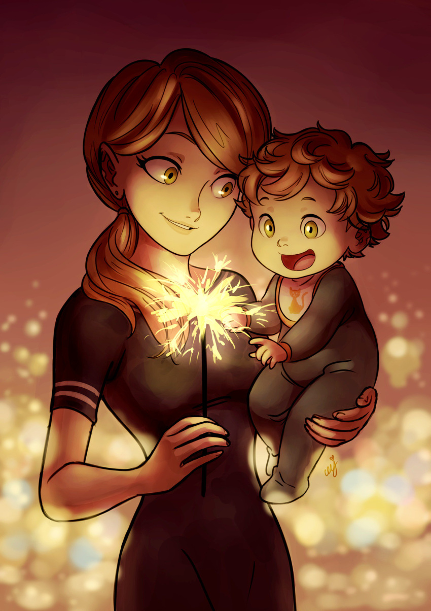 1boy 1girl absurdres adrien_agreste baby bib black_dress brown_hair carrying ceejles dress earrings fireworks green_eyes highres jewelry miraculous_ladybug mother_and_son mrs._agreste open_mouth ponytail signature smile sparkler stud_earrings younger
