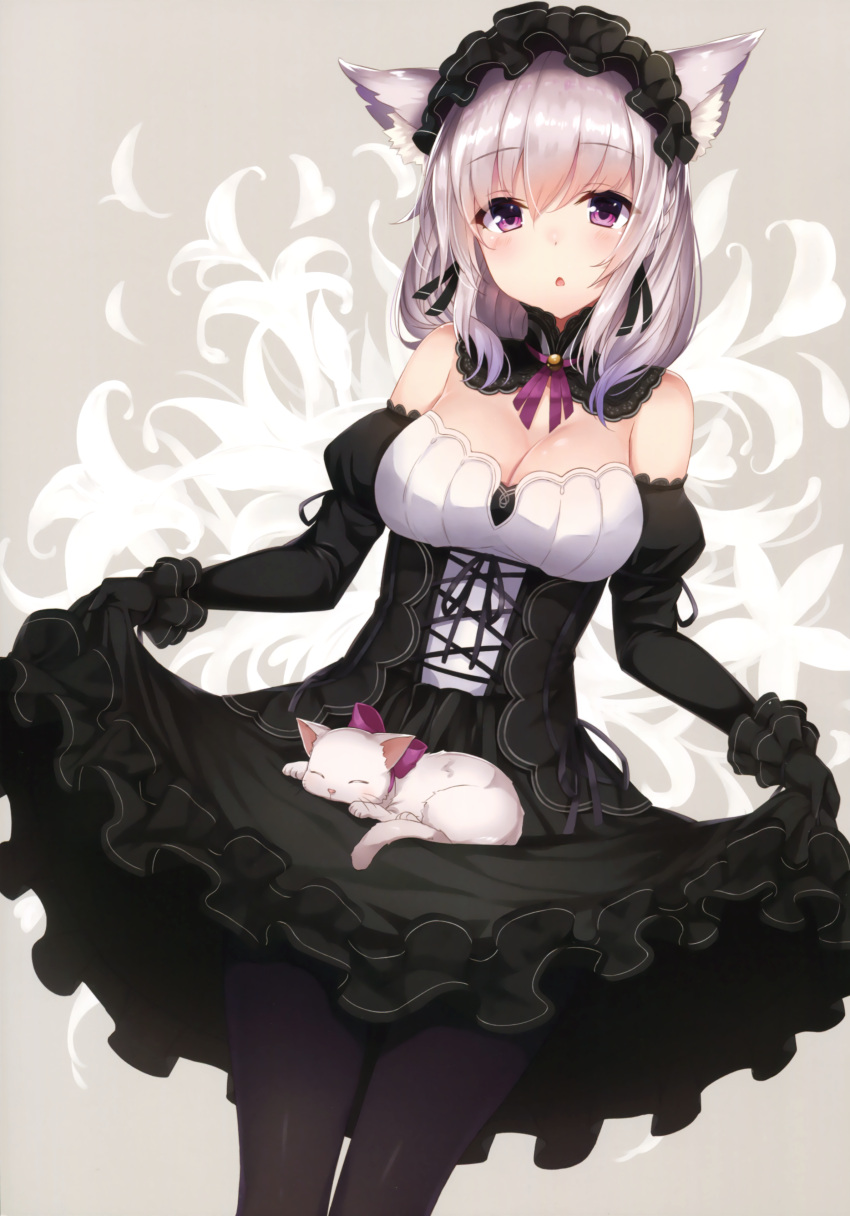 1girl absurdres animal_ears artist_request black_gloves black_legwear breasts cat cat_ears cleavage corset detached_collar detached_sleeves dress dutch_angle eyebrows_visible_through_hair gloves hairband highres large_breasts lolita_hairband looking_at_viewer note_(aoiro_clip) open_mouth original pantyhose scan silver_hair solo violet_eyes