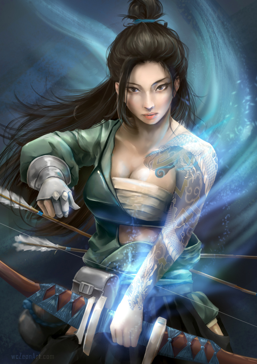 1girl absurdres adapted_costume arm_tattoo arrow asian black_hair bow_(weapon) breasts brown_eyes chua_wei_chong cleavage collarbone dragon female genderswap genderswap_(mtf) gloves hakama_skirt hanzo_(overwatch) highres holding holding_weapon japanese_clothes lips long_hair long_sleeves looking_at_viewer medium_breasts nose off_shoulder overwatch parted_lips partly_fingerless_gloves ponytail pouch sarashi solo tattoo upper_body watermark weapon web_address yugake