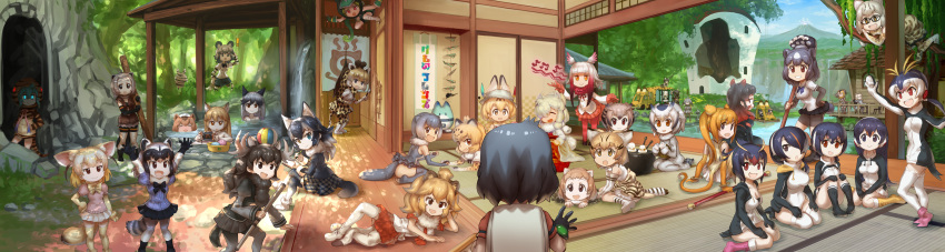! 6+girls :d :o ? absurdres african_wild_dog_(kemono_friends) african_wild_dog_ears african_wild_dog_tail alpaca_ears alpaca_suri animal_ears antlers aqua_hair arabian_oryx_(kemono_friends) architecture armadillo_ears arms_up aurochs_(kemono_friends) bear_ears bear_tail beaver_ears beaver_tail bird_wings black-tailed_prairie_dog_(kemono_friends) black_hair blonde_hair blue_eyes bowl brown_bear_(kemono_friends) brown_eyes brown_hair campo_flicker_(kemono_friends) cape_porcupine_(kemono_friends) capybara_(kemono_friends) capybara_ears cat_ears cat_tail closed_eyes copyright_name crested_ibis_(kemono_friends) east_asian_architecture emperor_penguin_(kemono_friends) eurasian_eagle_owl_(kemono_friends) ezo_red_fox_(kemono_friends) fang fennec_(kemono_friends) fossa_(kemono_friends) fossa_ears fossa_tail fox_ears fox_tail gentoo_penguin_(kemono_friends) giant_armadillo_(kemono_friends) giraffe_ears giraffe_horns giraffe_tail glasses glowing glowing_eyes golden_snub-nosed_monkey_(kemono_friends) grey_hair grey_wolf_(kemono_friends) grill hand_on_hip hand_over_eye handheld_game_console hands_in_pockets hanging_scroll hat hat_feather head_wings heterochromia highres hippopotamus_(kemono_friends) hippopotamus_ears humboldt_penguin_(kemono_friends) jaguar_(kemono_friends) jaguar_ears japari_bun japari_bus japari_symbol kaban kemono_friends knees_to_chest kotatsu lion_(kemono_friends) lion_ears lion_tail lucky_beast_(kemono_friends) lying magnifying_glass margay_(kemono_friends) meme monkey_ears monkey_tail moose_(kemono_friends) moose_ears moose_tail multicolored_hair multiple_girls murakami_hisashi musical_note north_american_beaver_(kemono_friends) northern_white-faced_owl_(kemono_friends) nude on_side on_stomach onsen open_mouth oryx_ears otter_ears otter_tail panther_chameleon_(kemono_friends) paper_airplane partially_submerged pince-nez porcupine_ears prairie_dog_ears raccoon_(kemono_friends) raccoon_ears raccoon_tail red_eyes redhead reticulated_giraffe_(kemono_friends) rhinoceros_ears rockhopper_penguin_(kemono_friends) royal_penguin_(kemono_friends) sand_cat_(kemono_friends) scroll seiza serval_(kemono_friends) serval_ears shoebill_(kemono_friends) silver_fox_(kemono_friends) silver_hair sitting sliding_doors small-clawed_otter_(kemono_friends) smile snake_tail striped_tail sword table tail tatami torn_clothes torn_hat tsuchinoko_(kemono_friends) tunnel wariza waving weapon white_hair white_rhinoceros_(kemono_friends) wings wolf_ears wolf_tail wood wooden_floor writing yellow_eyes zebra_(kemono_friends) zebra_ears