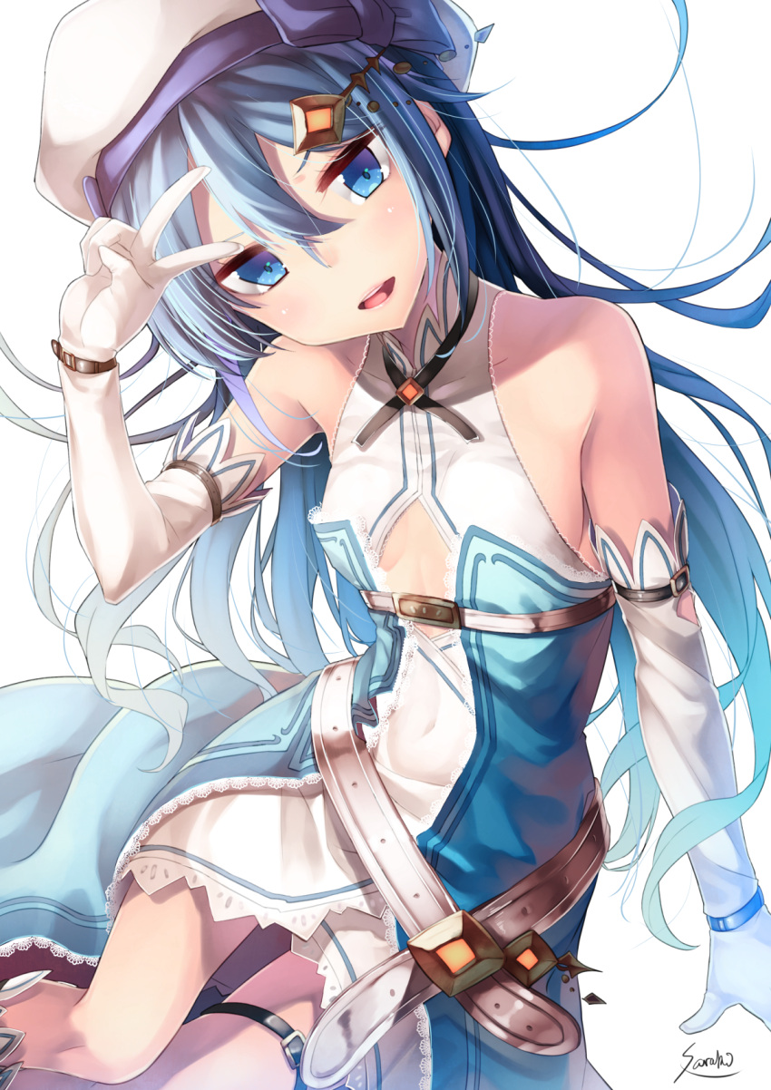 1girl bangs bare_shoulders belt beret blue_eyes blue_hair blush bow commentary_request dress elbow_gloves flat_chest frilled_dress frills gloves hair_between_eyes hair_ornament hairclip hat hat_bow highres lee-chan_(saraki) long_hair looking_at_viewer open_mouth original saraki skirt sleeveless sleeveless_dress smile solo thigh-highs thigh_strap v white_gloves
