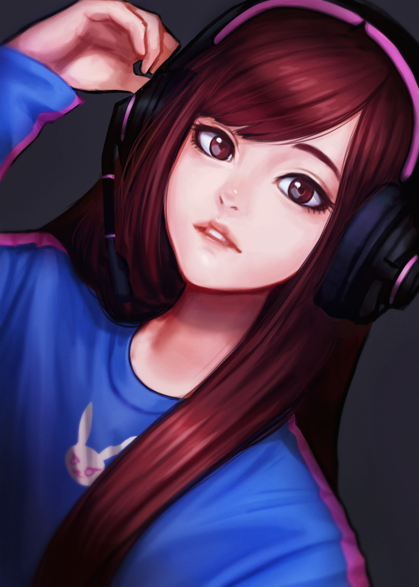 1girl adjusting_headset alternate_headwear bangs blue_shirt brown_eyes brown_hair casual d.va_(overwatch) dutch_angle eyelashes grey_background headset highres jungon_kim lips long_hair long_sleeves looking_at_viewer nose overwatch parted_lips pink_lips shirt simple_background sketch solo swept_bangs t-shirt upper_body