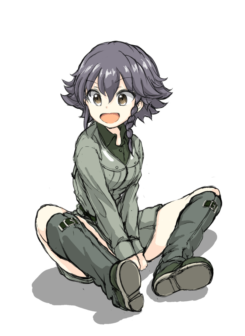 1girl black_boots black_hair black_shirt boots braid brown_eyes commentary_request days135 dress_shirt full_body girls_und_panzer grey_jacket grey_skirt highres knee_boots long_sleeves military military_uniform miniskirt open_mouth pencil_skirt pepperoni_(girls_und_panzer) shirt short_hair side_braid simple_background sitting sketch skirt smile solo uniform v_arms white_background