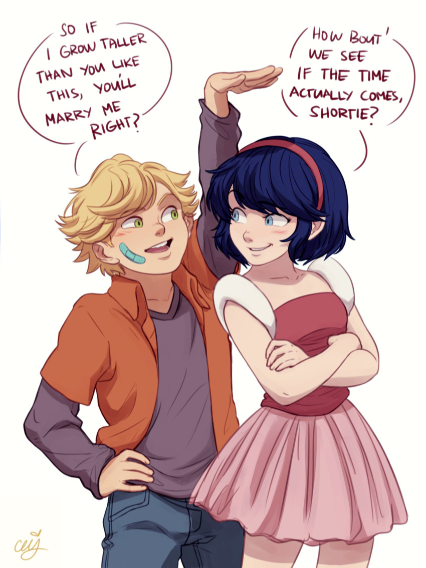 1boy 1girl adrien_agreste arm_up bandaid bandaid_on_face blonde_hair blue_eyes blue_hair ceejles crossed_arms english green_eyes hairband hand_on_hip highres marinette_dupain-cheng miraculous_ladybug pink_skirt signature skirt younger