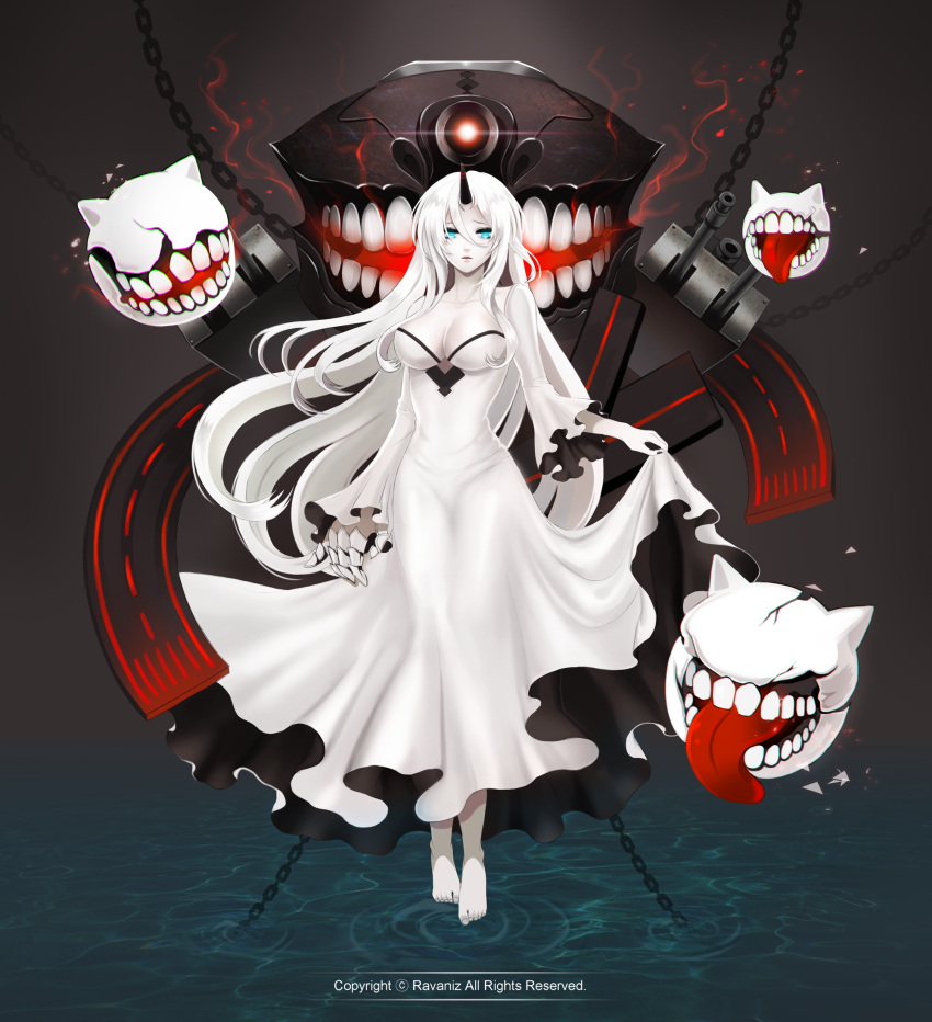 1girl airfield_hime barefoot blue_eyes breasts chains cleavage dress full_body fusion highres horn kantai_collection large_breasts long_dress long_hair looking_at_viewer midway_hime open_mouth ravaniz seaport_hime shinkaisei-kan single_gauntlet standing teeth tongue tongue_out very_long_hair white_dress white_hair white_skin