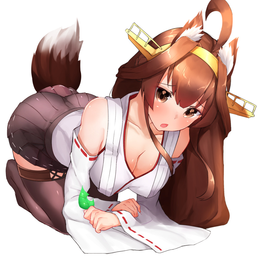 1girl absurdres ahoge all_fours alternate_eye_color animal_ears bare_shoulders black_legwear blush boots boruhis breasts brown_eyes brown_hair cleavage detached_sleeves double_bun hairband headgear highres japanese_clothes kantai_collection kemonomimi_mode kongou_(kantai_collection) large_breasts long_hair looking_at_viewer nontraditional_miko open_mouth ribbon_trim sidelocks thigh-highs thigh_boots thighs wide_sleeves
