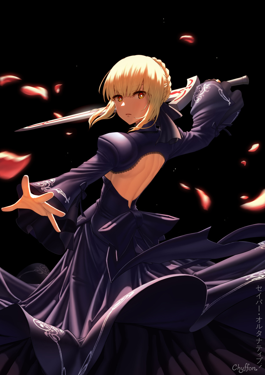 1girl absurdres artist_name back black_background black_dress blonde_hair braid chyffon closed_mouth commentary_request dark_excalibur dark_persona dress fate/stay_night fate_(series) french_braid gothic_lolita hair_ribbon highres holding holding_sword holding_weapon lolita_fashion long_dress looking_at_viewer looking_back open-back_dress outstretched_hand petals ribbon saber saber_alter simple_background solo sword translation_request weapon yellow_eyes