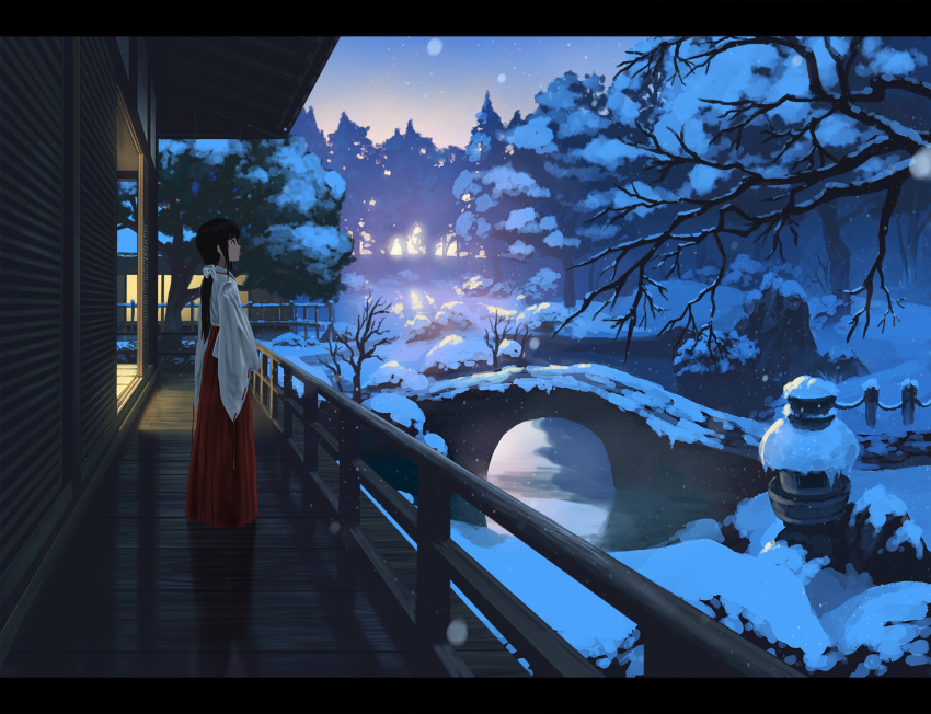 1girl architecture bangs bare_tree black_hair bow bridge doora_(dora0913) east_asian_architecture from_side hair_bow hakama_skirt japanese_clothes letterboxed long_hair long_skirt miko original ponytail profile railing revision ribbon-trimmed_sleeves ribbon_trim ripples scenery shadow sidelocks skirt snow snowing solo standing sunset tree water wide_sleeves