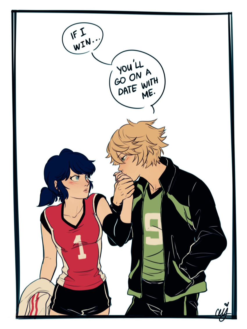 1boy 1girl 1koma adrien_agreste blonde_hair blue_eyes blue_hair blush ceejles comic english green_eyes gym_shorts hand_in_pocket hand_kiss highres holding_hand jacket jersey kiss lips marinette_dupain-cheng miraculous_ladybug parted_lips shorts signature twintails