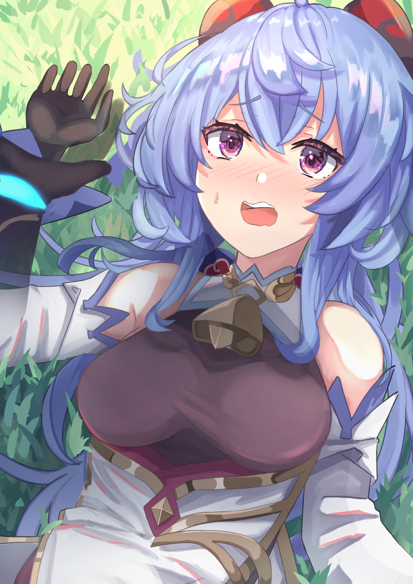 1girl absurdres aether_(genshin_impact) bangs bare_shoulders bell black_gloves blue_hair blush breasts detached_sleeves disembodied_limb eyebrows_visible_through_hair ganyu_(genshin_impact) genshin_impact gloves gold_trim grass highres holding_another's_wrist horns long_hair looking_at_viewer lying medium_breasts mxsoundtube neck_bell nose_blush on_back open_mouth outdoors sweat violet_eyes wavy_mouth white_sleeves