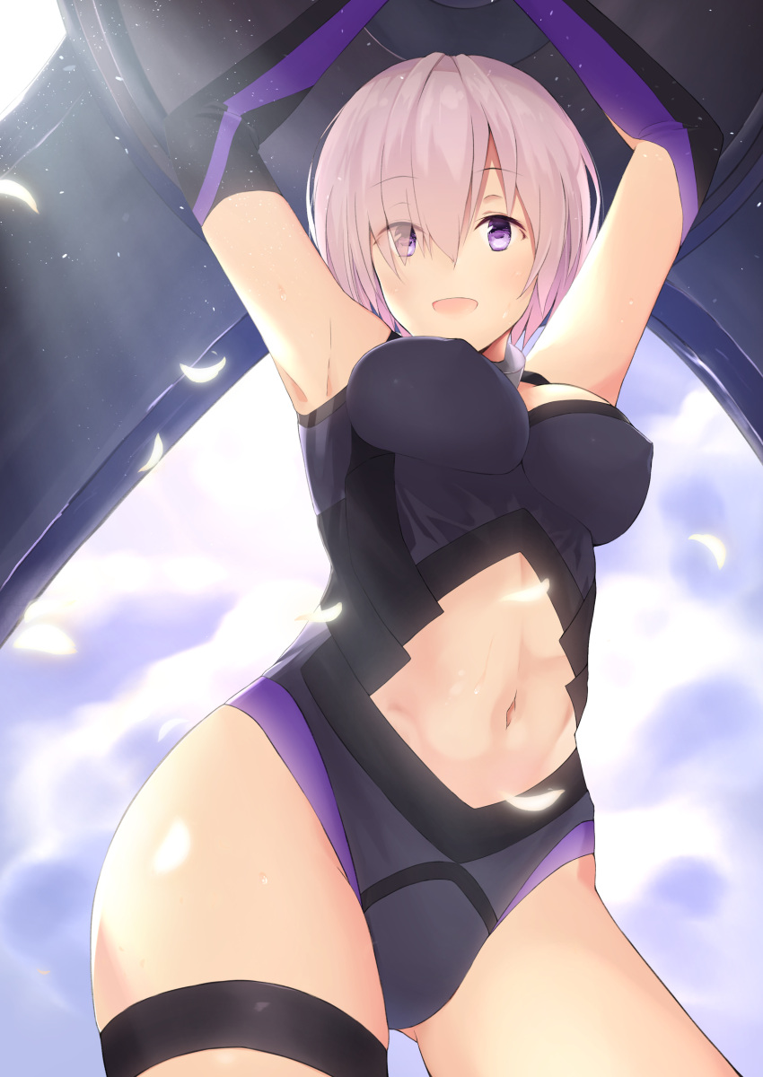 1girl absurdres armor armored_dress armpits arms_up bare_shoulders breasts commentary_request elbow_gloves eyes_visible_through_hair fate/grand_order fate_(series) from_below gloves hair_over_one_eye highres looking_at_viewer medium_breasts navel open_mouth purple_hair shield shielder_(fate/grand_order) short_hair solo violet_eyes yoro_kurenai