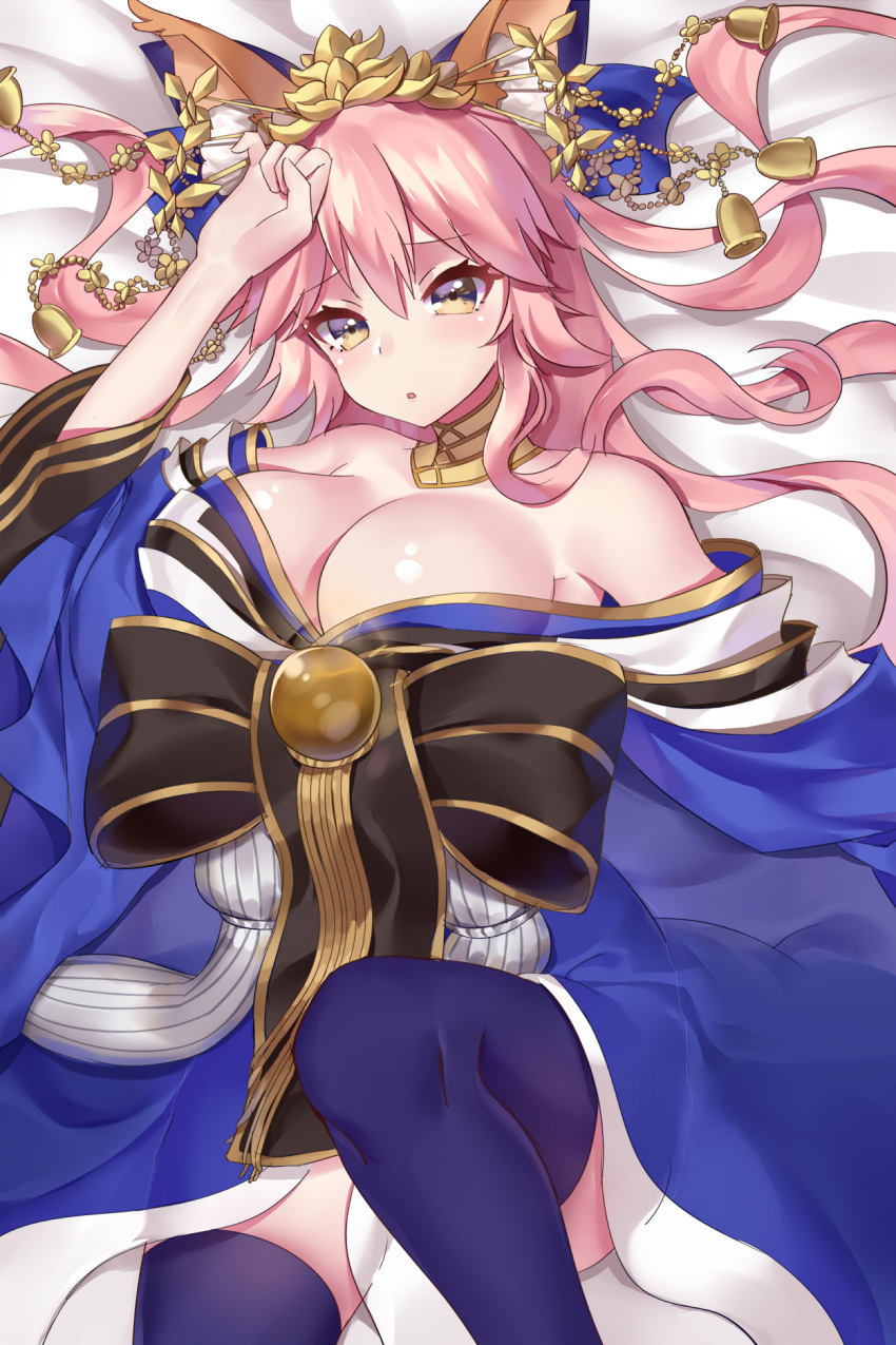 1girl animal_ears bare_shoulders blue_legwear bow breasts cleavage fate/extra fate_(series) fox_ears fox_tail hair_bow hair_ornament highres japanese_clothes large_breasts long_hair looking_at_viewer off_shoulder on_bed open_mouth pink_hair roro_(shisi4656) tail tamamo_(fate)_(all) tamamo_no_mae_(fate) thigh-highs thighs wide_sleeves yellow_eyes