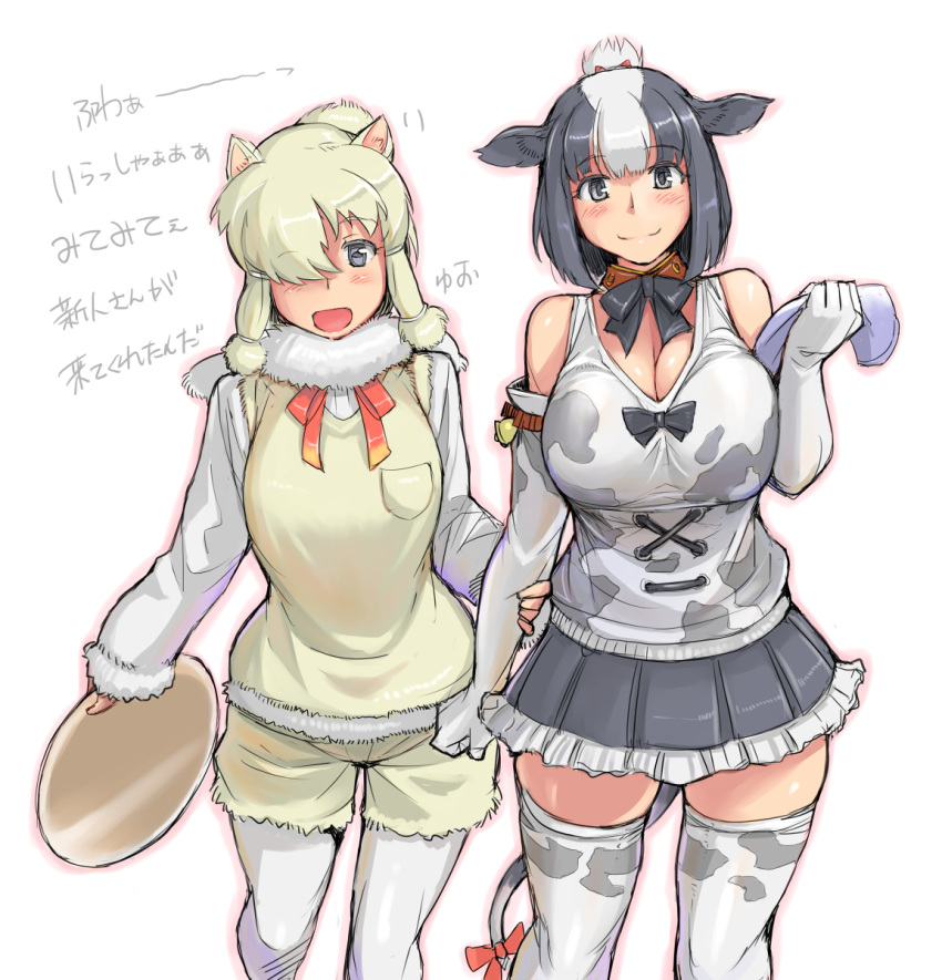 2girls :d alpaca_suri animal_ears bare_shoulders black_hair blonde_hair blue_eyes breasts cleavage elbow_gloves gloves hair_over_one_eye highres holstein_(kemono_friends) kemono_friends large_breasts looking_at_viewer multiple_girls open_mouth smile thigh-highs tsuda_nanafushi white_hair