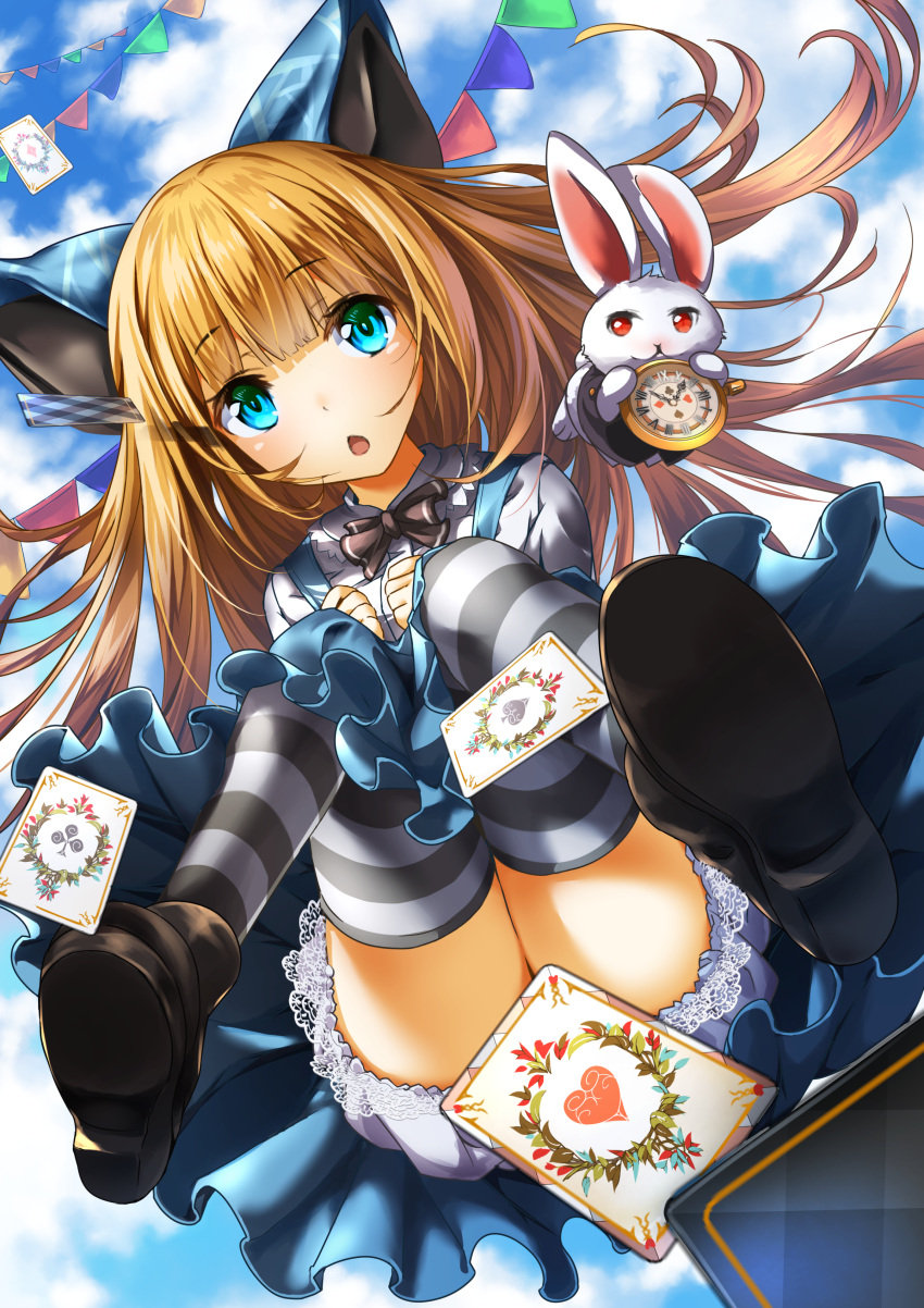 1girl absurdres animal_ears black_bow black_bowtie black_shoes blonde_hair blue_dress blue_eyes bow bowtie card clubs_(playing_card) commentary_request diamonds_(playing_card) dress eyebrows_visible_through_hair fake_animal_ears hearts_(playing_card) hellnyaa highres horizontal-striped_legwear long_hair looking_at_viewer original rabbit roman_numerals shoes solo spades_(playing_card) striped striped_legwear thigh-highs thighs