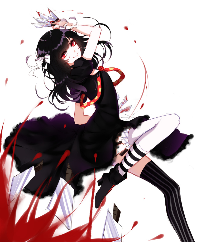 1boy absurdres bangs black_dress black_hair blood blood_splatter blood_stain crossdressinging dress highres holding holding_knife knife knives_between_fingers long_hair looking_at_viewer male_focus mismatched_legwear otoko_no_ko parted_lips puffy_short_sleeves puffy_sleeves red_eyes sheya short_sleeves smile solo striped striped_legwear suzuya_juuzou thigh-highs tokyo_ghoul vertical-striped_legwear vertical_stripes