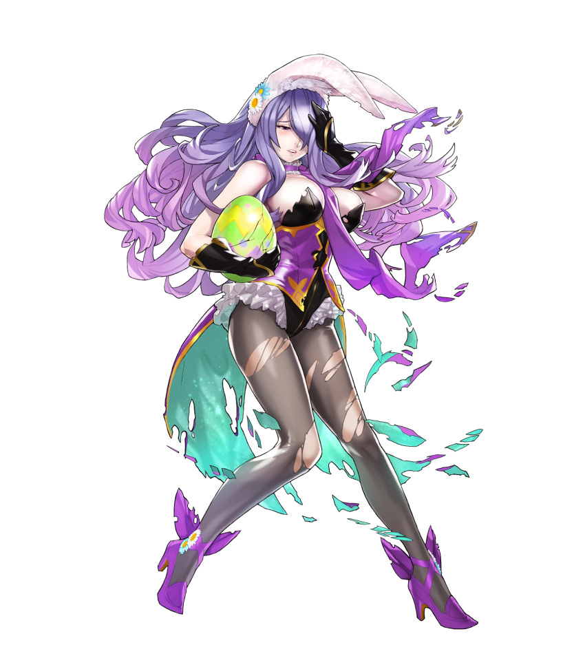 1girl animal_ears bare_shoulders breasts camilla_(fire_emblem_if) choker cleavage easter_egg elbow_gloves female fire_emblem fire_emblem_heroes fire_emblem_if frills full_body gloves hair_ornament hair_over_one_eye hand_on_head hand_on_own_head hat high_heels highres holding large_breasts leotard long_hair looking_away maeshima_shigeki official_art pantyhose parted_lips purple_footwear purple_hair rabbit_ears solo torn_clothes torn_legwear torn_pantyhose transparent_background