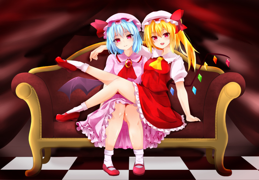 2girls :d arm_support ascot bangs bat_wings blonde_hair blue_hair blush bobby_socks brooch checkered checkered_floor closed_mouth couch crystal dress flandre_scarlet frilled_dress frilled_skirt frills full_body hat hat_ribbon head_tilt jewelry looking_at_viewer mary_janes mob_cap multiple_girls open_mouth pink_dress puffy_short_sleeves puffy_sleeves red_eyes red_ribbon red_skirt red_vest remilia_scarlet ribbon shoes short_sleeves siblings side_ponytail sisters sitting sitting_on_person skirt skirt_set smile socks surota touhou vest white_legwear wings