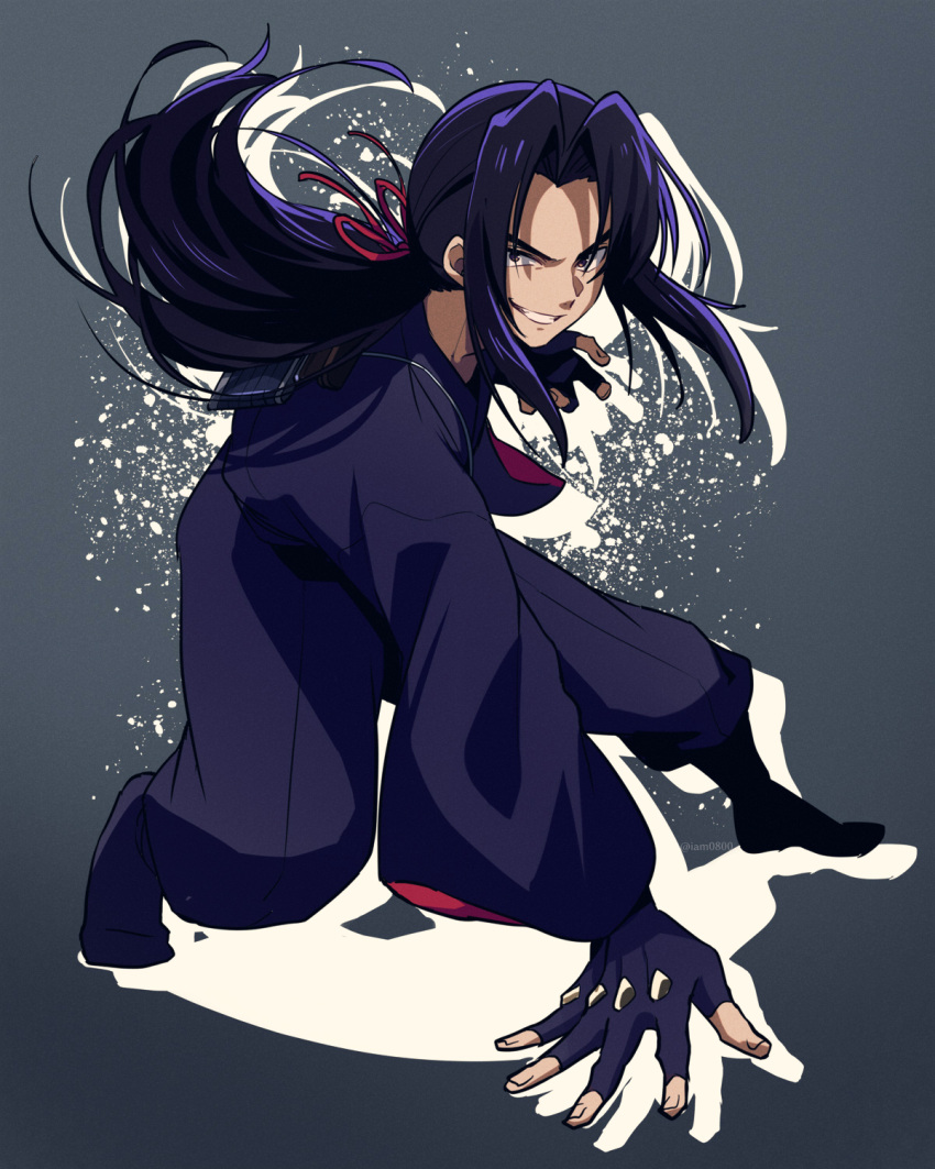 1boy arm_support asada_hachi bangs banned_artist basilisk_(manga) brown_eyes commentary_request fighting_stance fingerless_gloves floating_hair full_body gloves grey_background grin hair_ribbon highres japanese_clothes kimono long_hair long_sleeves male_focus parted_bangs ponytail purple_gloves purple_hair purple_kimono red_ribbon ribbon sheath sidelocks smile solo twitter_username watermark wide_sleeves yashamaru
