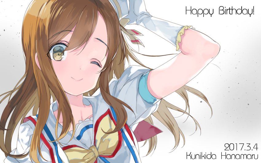1girl ;&gt; arm_up bangs brown_hair character_name close-up closed_mouth dated eyebrows_visible_through_hair gloves happy_birthday highres idol kunikida_hanamaru long_hair looking_at_viewer love_live! love_live!_sunshine!! mari_(rubymaririn) one_eye_closed portrait sailor_collar short_sleeves smile solo swept_bangs upper_body white_gloves yellow_eyes