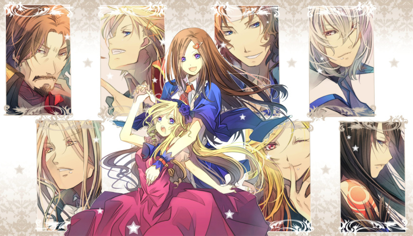 ascot blonde_hair blue_eyes breasts brown_hair capelet castlevania castlevania:_order_of_ecclesia castlevania:_portrait_of_ruin charlotte_aulin dress jonathan_morris long_hair maria_renard multiple_boys multiple_girls richter_belmondo shanoa short_hair skirt smile soma_cruz