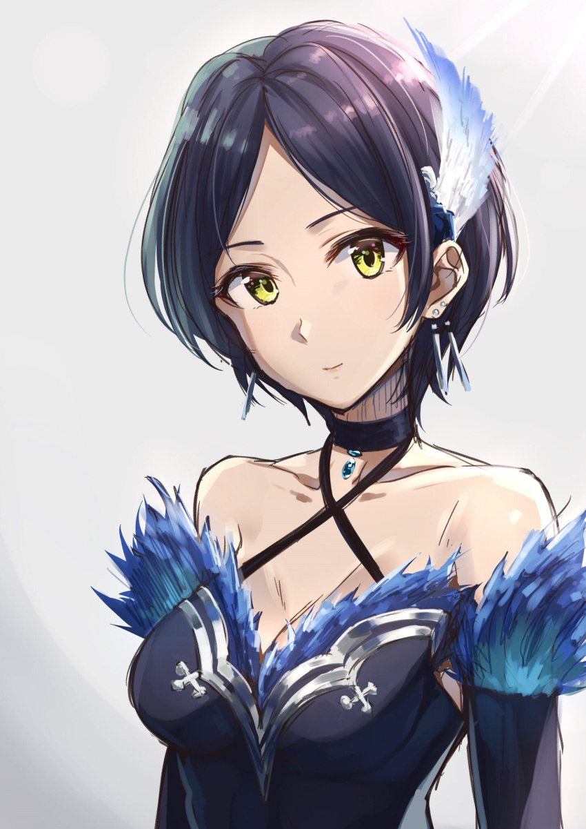 1girl bare_shoulders black_ribbon blue_dress blue_hair breasts choker cleavage collarbone commentary_request detached_sleeves dress earrings feathers hair_feathers hayami_kanade highres idolmaster idolmaster_cinderella_girls jewelry light_rays looking_at_viewer neck_ribbon pendant ribbon short_hair simple_background smile solo takeya_y0615 yellow_eyes