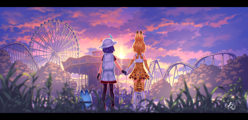 2girls amusement_park animal_ears animal_print backpack bag bare_shoulders black_gloves black_hair blonde_hair clouds elbow_gloves from_behind gloves grass hat hat_feathers highres kaban kemono_friends letterboxed lucky_beast_(kemono_friends) multiple_girls outdoors pantyhose serval_(kemono_friends) serval_ears serval_print serval_tail shirt short_hair shorts skirt sky sleeveless sleeveless_shirt standing sun t-shirt tail teiraa thigh-highs white_shirt