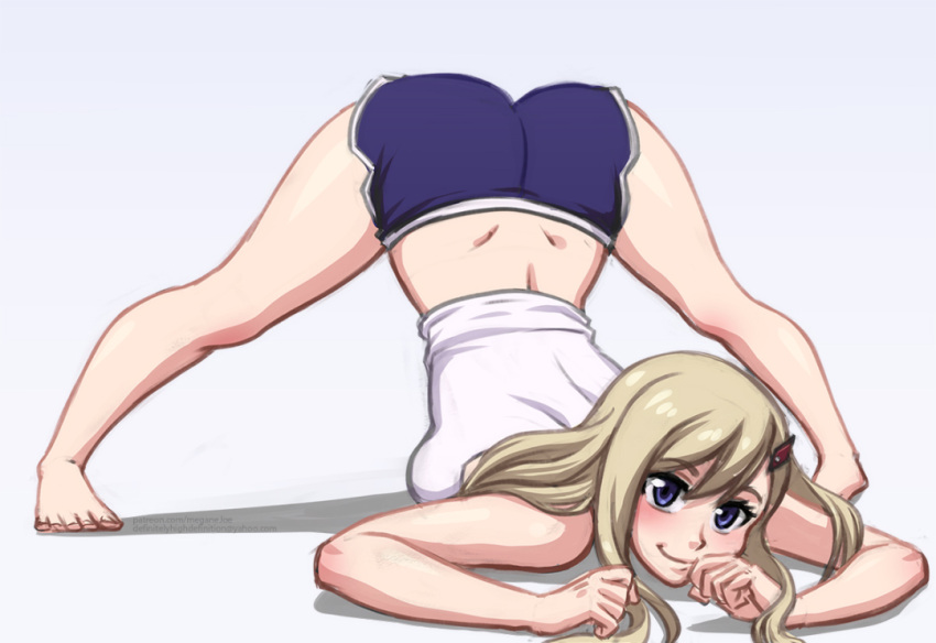 1girl arched_back arm_rest ass barefoot blonde_hair blue_eyes eden's_zero eronautics flexible full_body hands_on_ground jack-o'_challenge looking_at_viewer meme pose rebecca_bluegarden simple_background smile solo spread_legs stretch top-down_bottom-up white_background wide_spread_legs