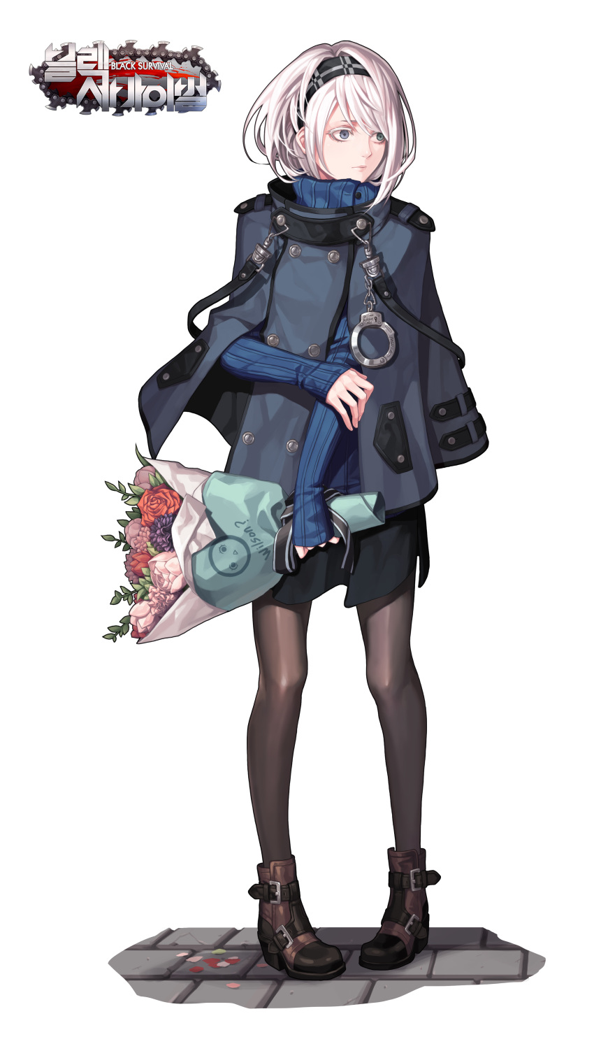 1girl absurdres arm_grab bangs black_hairband black_skirt black_survival blue_cape blue_coat blue_eyes blue_sweater boots bouquet brown_boots brown_legwear buttons cape cloak closed_mouth colored_eyelashes copyright_name cuffs evilgun eyelashes fingernails flower full_body green_eyes hairband heterochromia high_heel_boots high_heels highres holding holding_bouquet legs_apart lips looking_away miniskirt nose pantyhose pigeon-toed ribbed_sweater rose shoe_strap short_hair sissela_(black_survival) skirt sleeves_past_wrists solo standing stone_floor strap sweater swept_bangs turtleneck