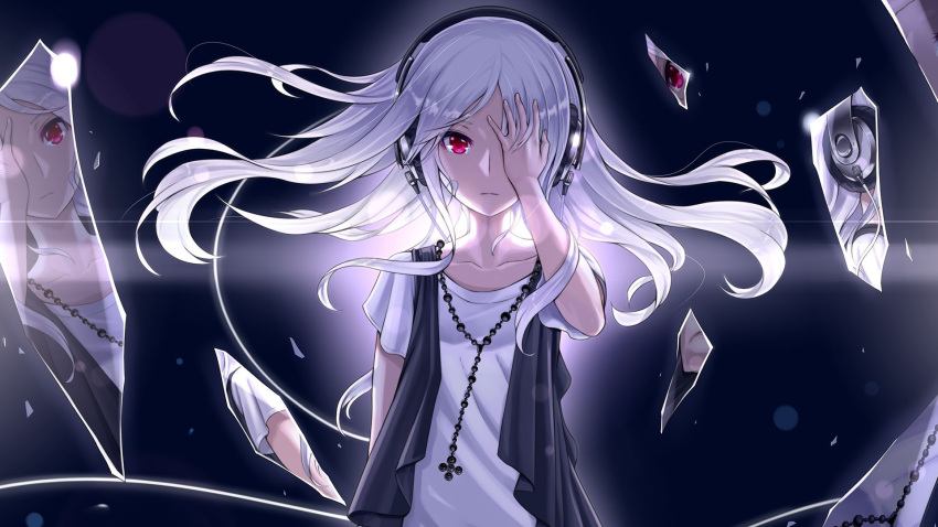 1920x1080 1girl arm_behind_back hand_over_eye headphones long_hair looking_at_viewer necklace red_eye solo tagme wallpaper white_hair